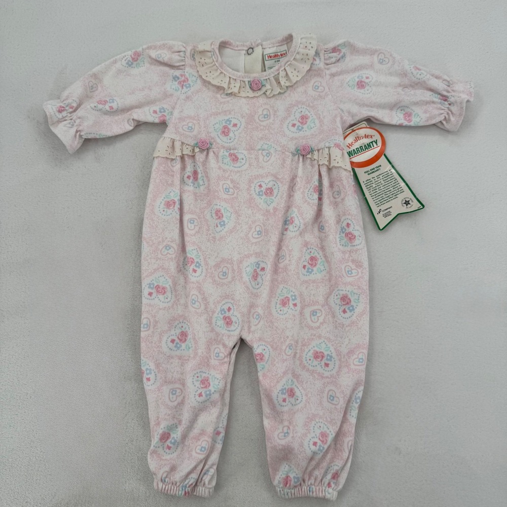NWT Vintage Health-tex Romper Baby Girls 6-9M Pink Cotton Floral Rosettes Lace